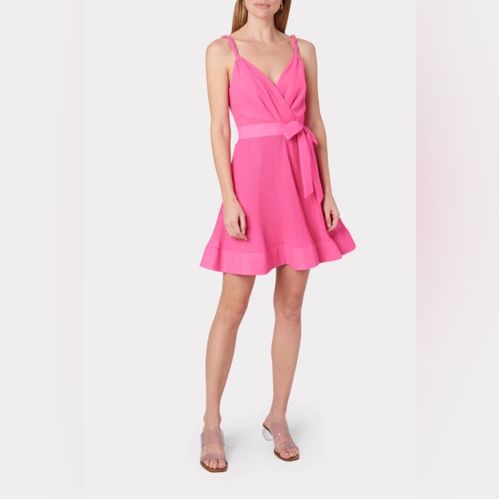 NEW $395 Milly Livy Pleated V-Neck Mini Dress Azalea Pink Size 8 Barbiecore